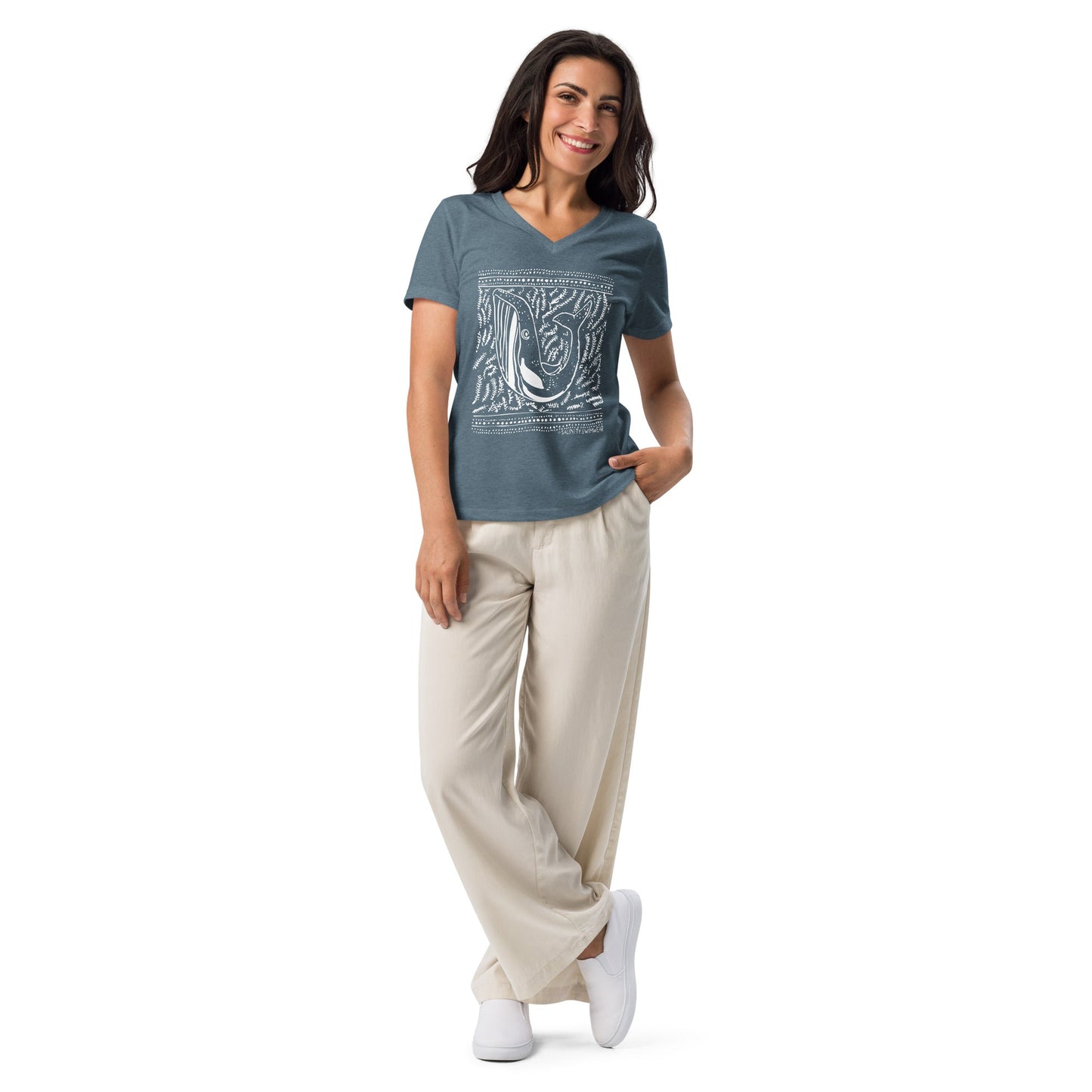 Salinity Swimwear Block Print Whale Women’s V - neck T-Shirt T-Shirt
