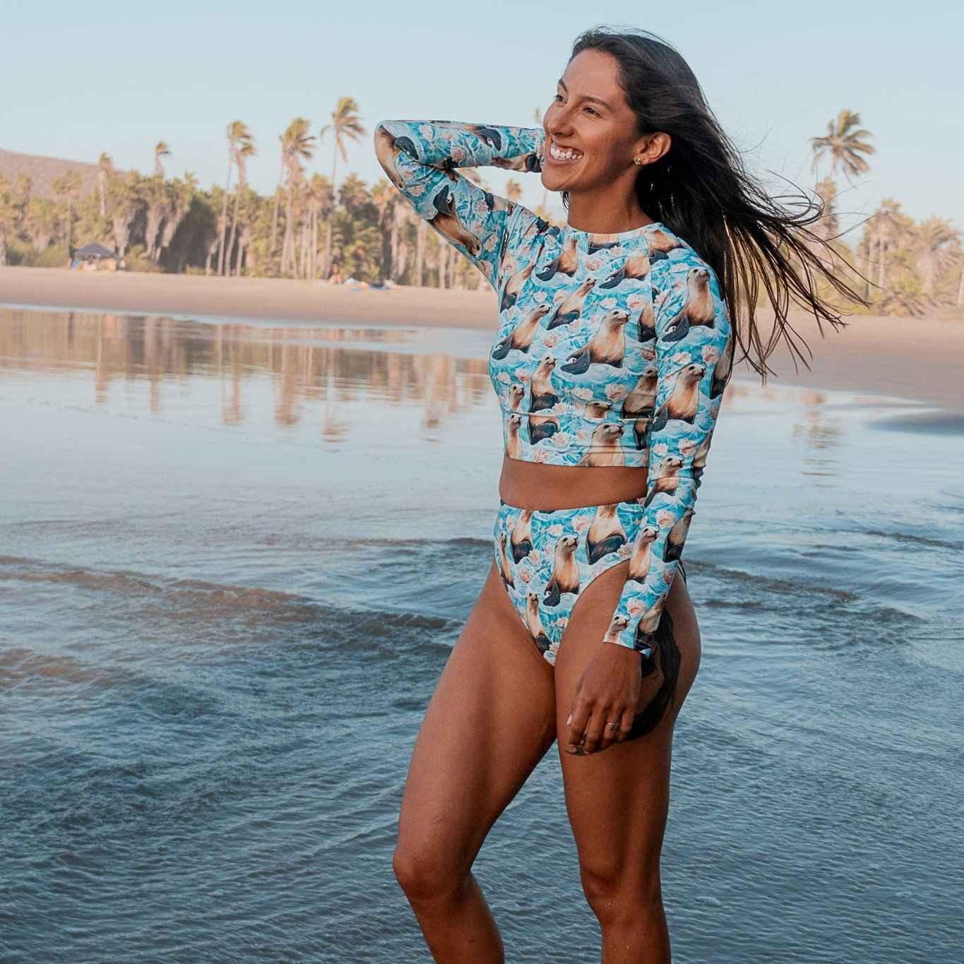 Seaside Sea Lion Long Sleeve Eco Cropped Rash Guard - Salinity Swimwear