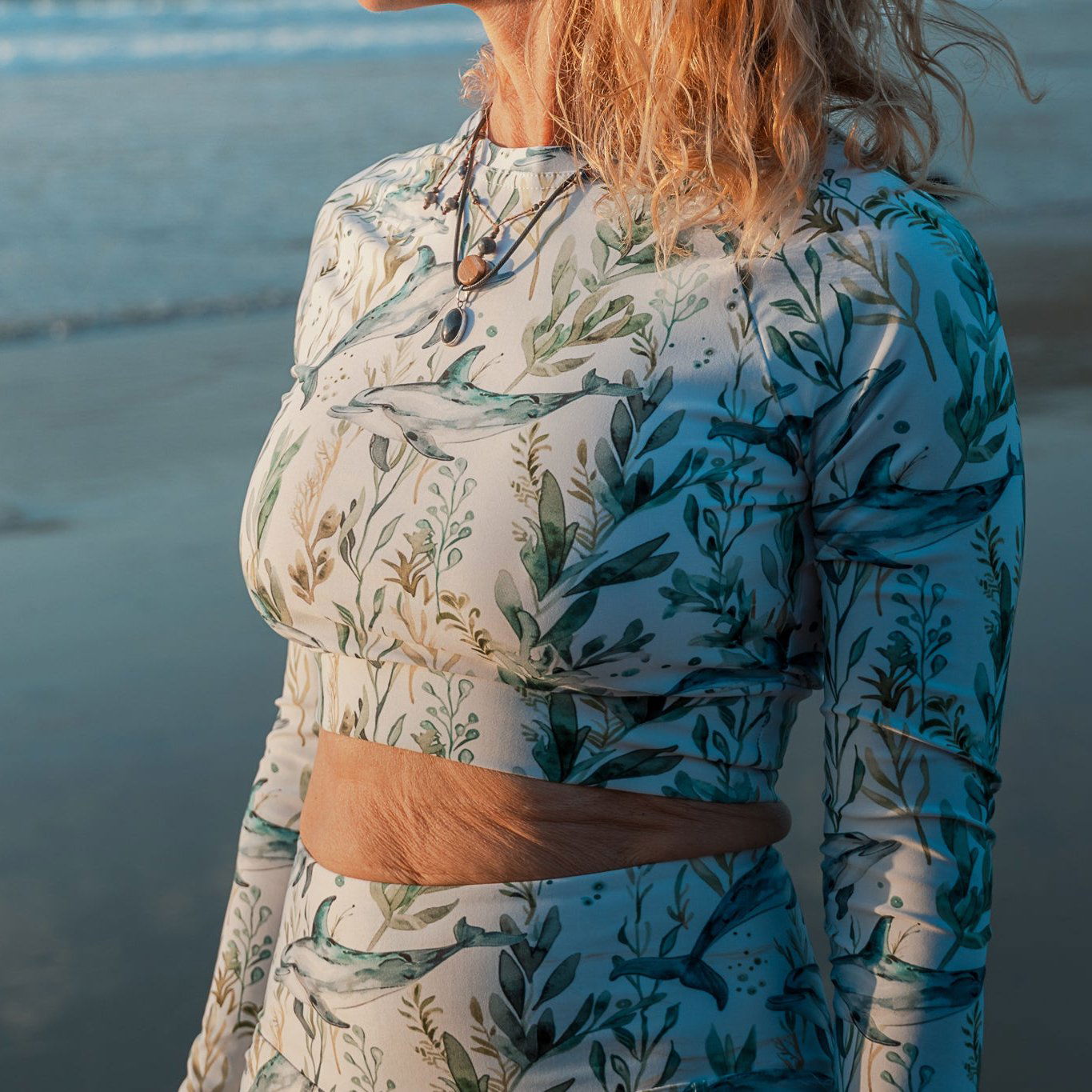 Seascape Dolphin Long Sleeve Eco Cropped Rash Guard - Salinity Swimwear