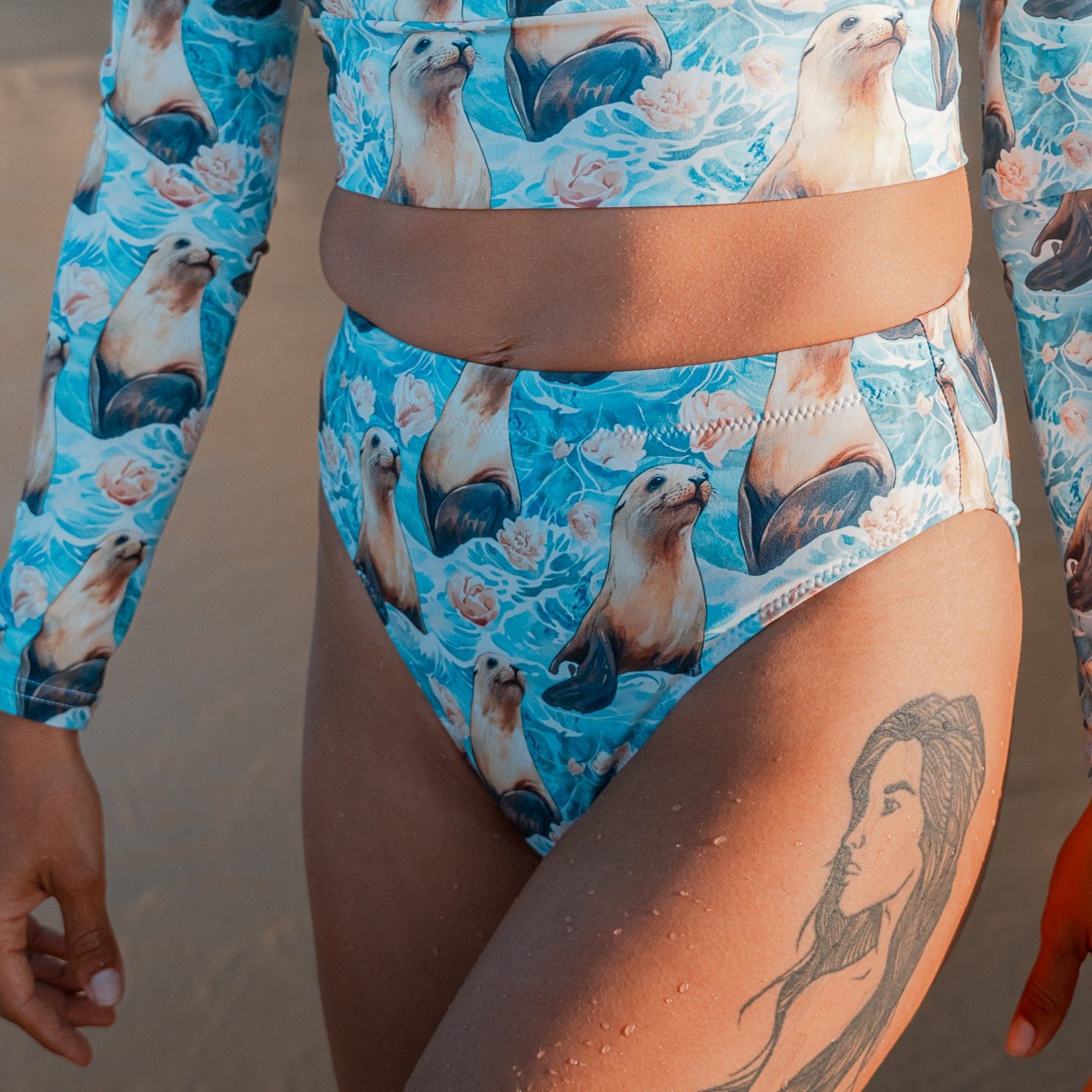 Seaside Sea Lion Eco High-Waisted Bikini Bottom - Salinity Swimwear