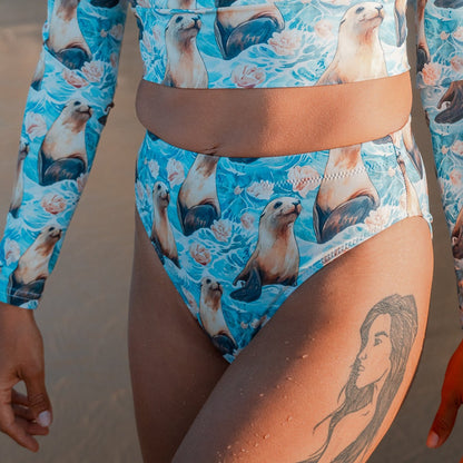 Seaside Sea Lion Eco High-Waisted Bikini Bottom - Salinity Swimwear