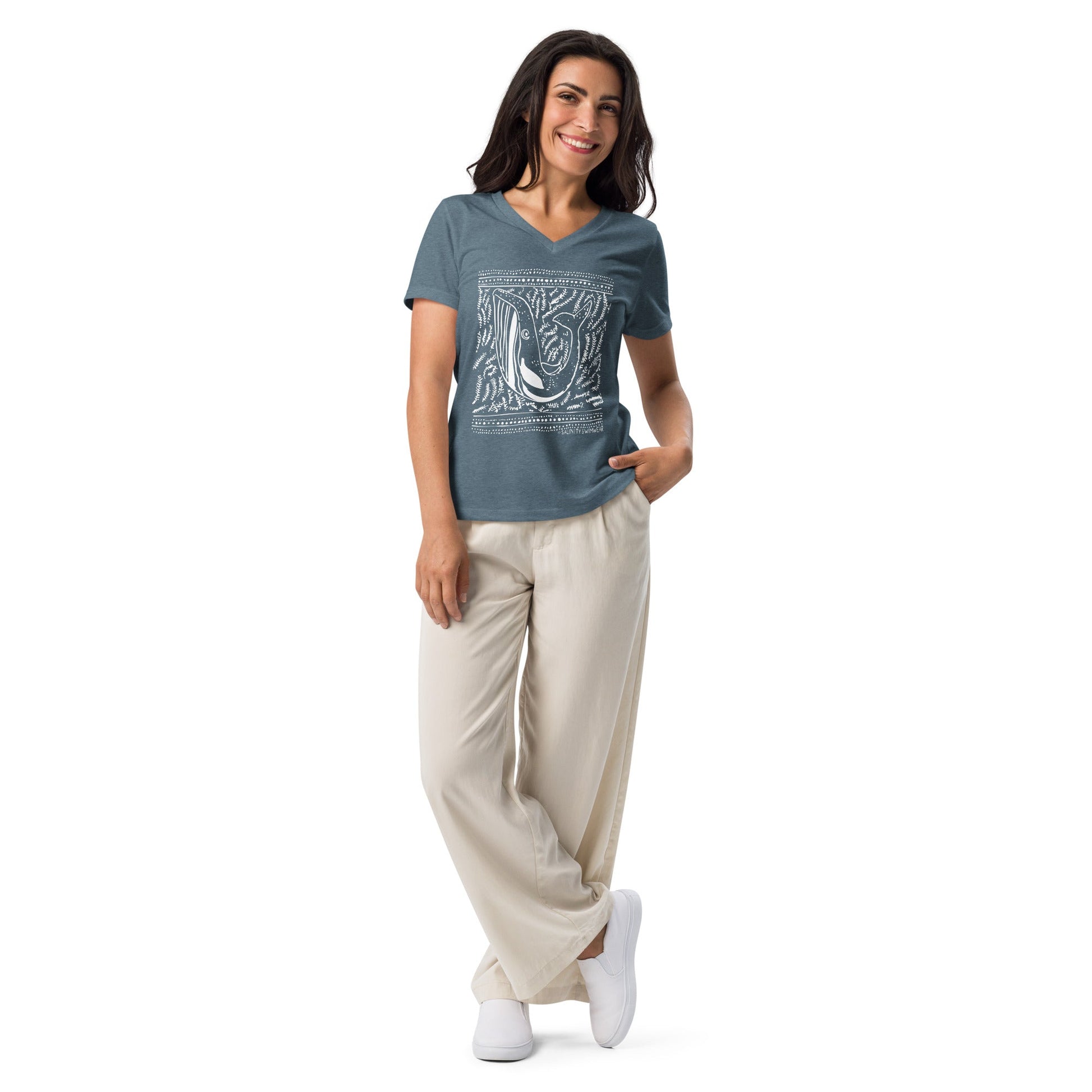 Salinity Swimwear Block Print Whale Women’s V - neck T-Shirt T-Shirt